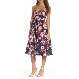 💐1901 Strapless Pink Rose & Navy Floral Dress